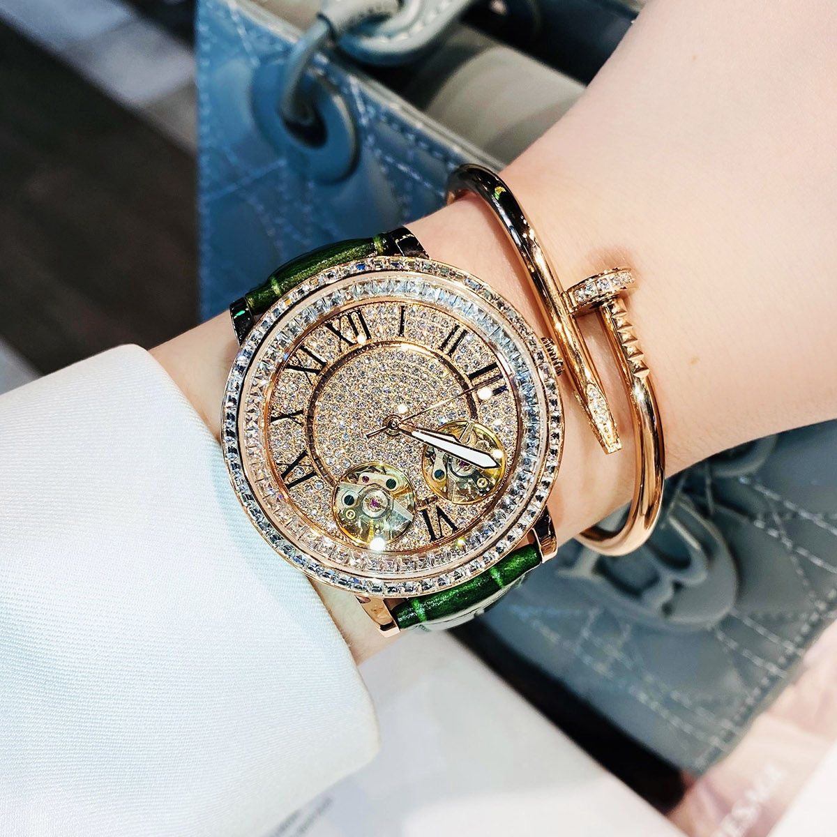 DAVENA Ladies Large Mechanical Rhinestone Watch